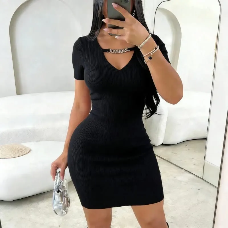 Women's Black Short Sleeve V Neck Cutout Chain Sundress Stretchy Ribbed Knit Bodycon Mini Dress Party Clubwear Dress Outfits