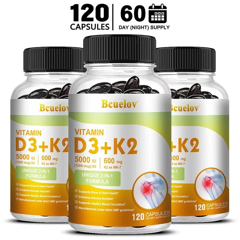 Bcuelov Vitamin D3+K2 5000 IU Vitamin D3 formula bukan GMO yang mudah ditelan vitamin D dan K kompleks makanan tambahan
