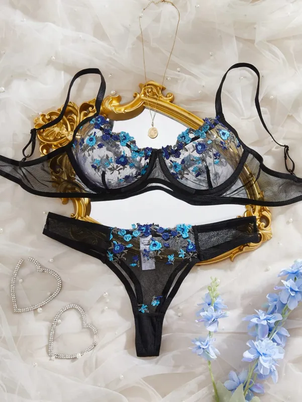 Womens Embroidered Bralette And Panty Set Floral Design Soft Stretch Fabric Comfortable Everyday Underwear