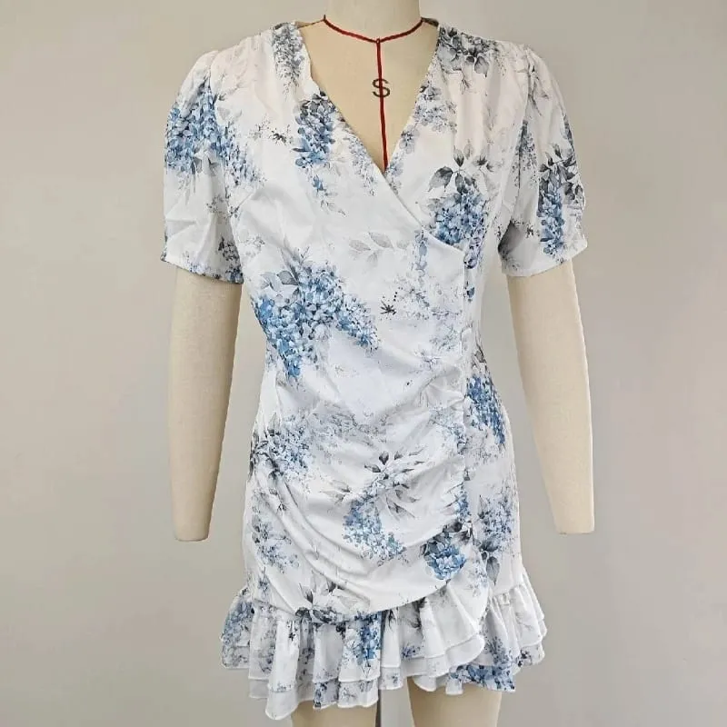 Women Sexy Flora Painted Ruffle Slim Dress Chic Deep V-neck Double Layered Ruffled Hem Dresses Lady New Daily Party Gowns