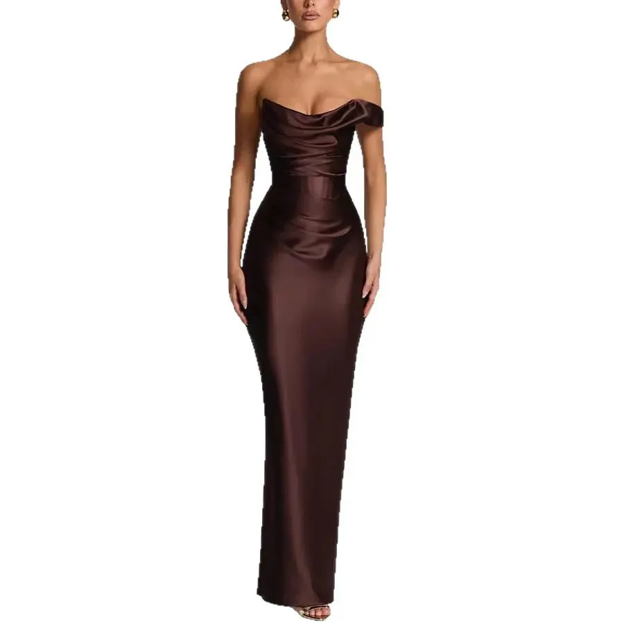 New One Shoulder Satin Women 's Maxi Dress Cowl Neck Ruched Waist Bodycon Dresses Summer Woman Formal Evening Party Vestidos