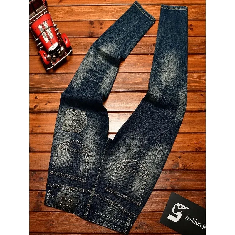 Y2K Street Fashion Designer Men Jeans High Quality Retro Blue Stretch Slim Fit Ripped Jeans Men Brand Vintage Denim Pants