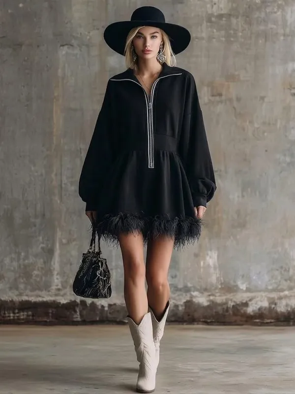 Fashion Dress Autumn Winter Casual Solid Color Simple Street Style Long Sleeved Zipper V-neck Feather Edge Cinched Waist Dresses