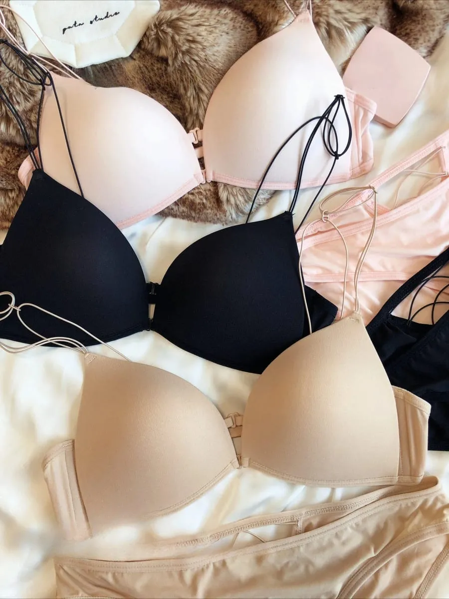 French Front Buckle Women Underwear Sexy Hollow Push Up Bra Set Summer Thin Cup Backless Bralette Fine Shoulder Strap Lingerie