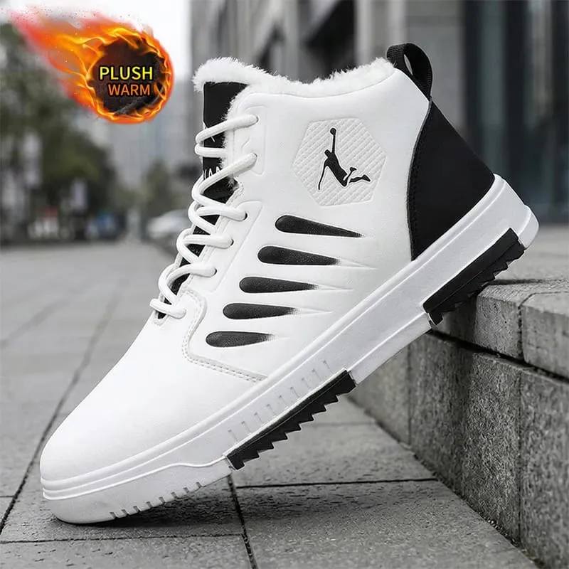 Men Winter Fleece Lined High‑top Sneakers Lace‑up Leather Upper Non‑slip Sole Warm Casual Skate Shoes For Daily Wear