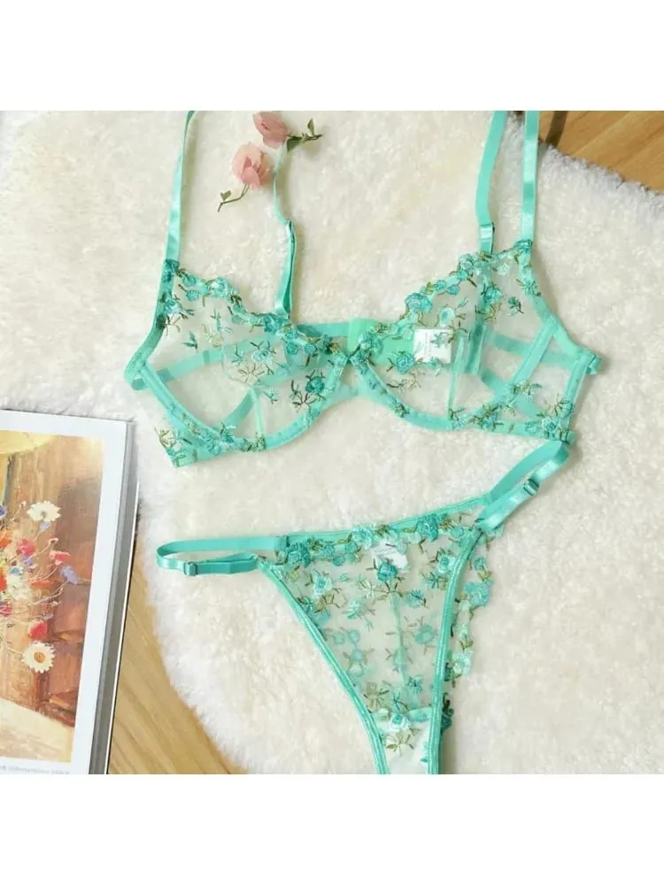 French Elegant Lingerie Set-Floral Embroidery Semi-Transparent Bra & Brief Black Sensual Women's Underwear Luxury Intimates