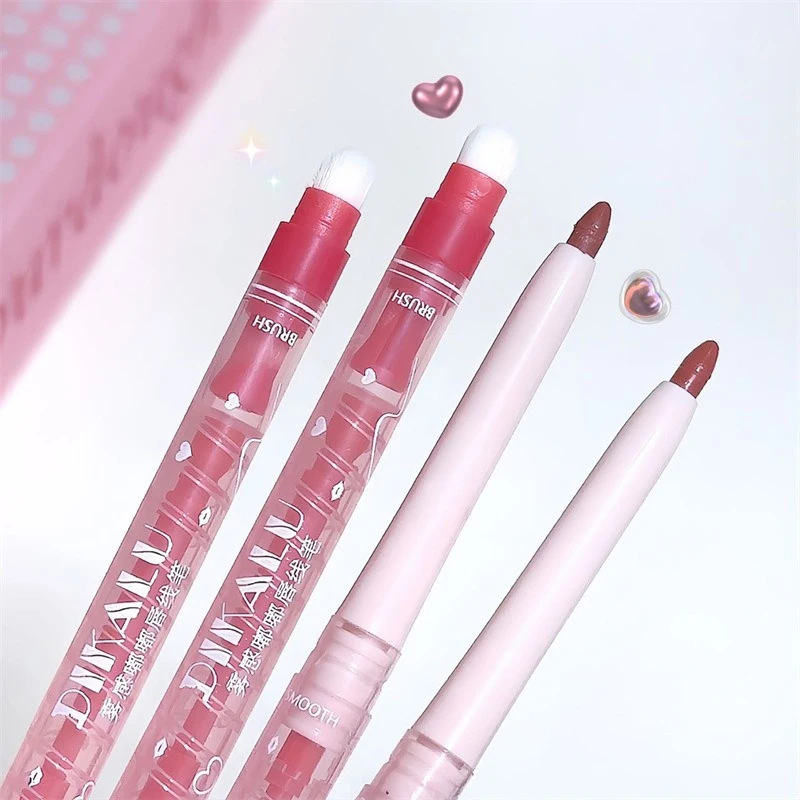 2 Color Matte Lipliner Pencil Nude Lip Liner with Lip Brush Waterproof Natural Peach Pink Lipstick Pencil Contour Lips Makeup
