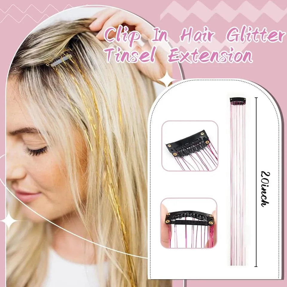 Synthetic 12Pcs Hair Tinsel Clip In Glitter TinselStraight Hair Extensions Tinsel Kit Shiny Hair Accessories For Women