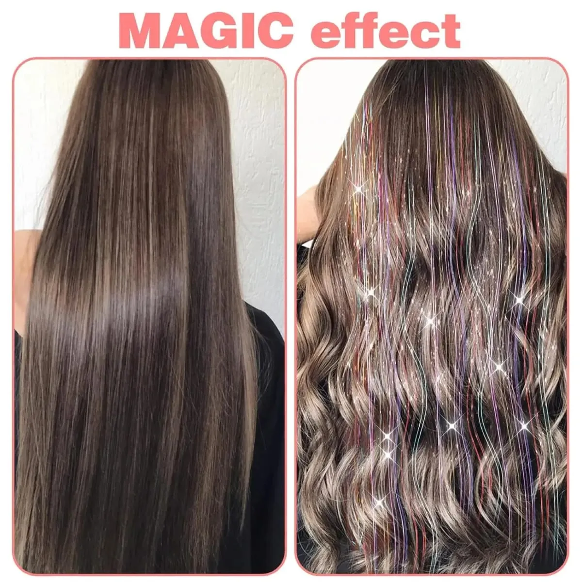6Pcs Hair Tinsel Clip in Hair Extensions 20 Inch Synthetic Colorful Shiny Sparkle Glitter Tinsel Hair for Women Girls Cosplay