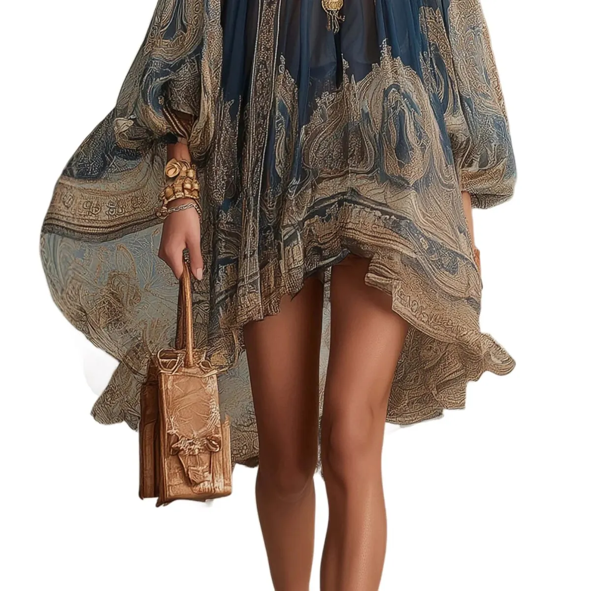 2026 New European and American Turtleneck Printed Chiffon Dress Loose Vacation Style Shawl Long-Sleeved Women's Dress