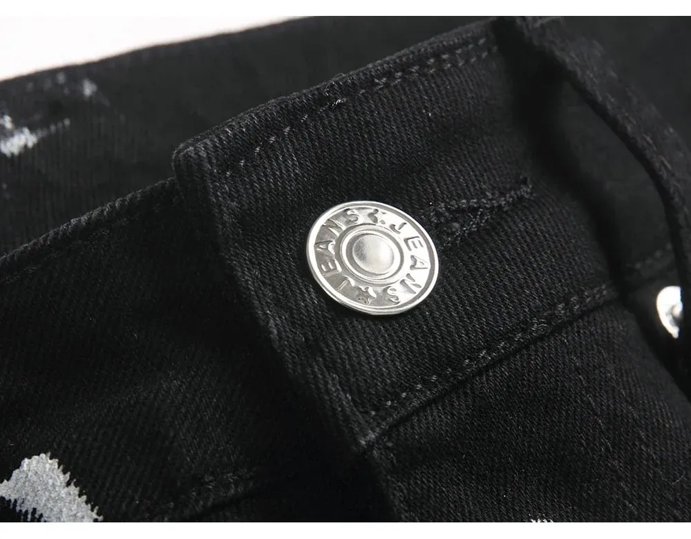 Men Painted Slim Tapered Jeans Punk Zipper Black Stretch Denim Pants Casual Streetwear Trousers