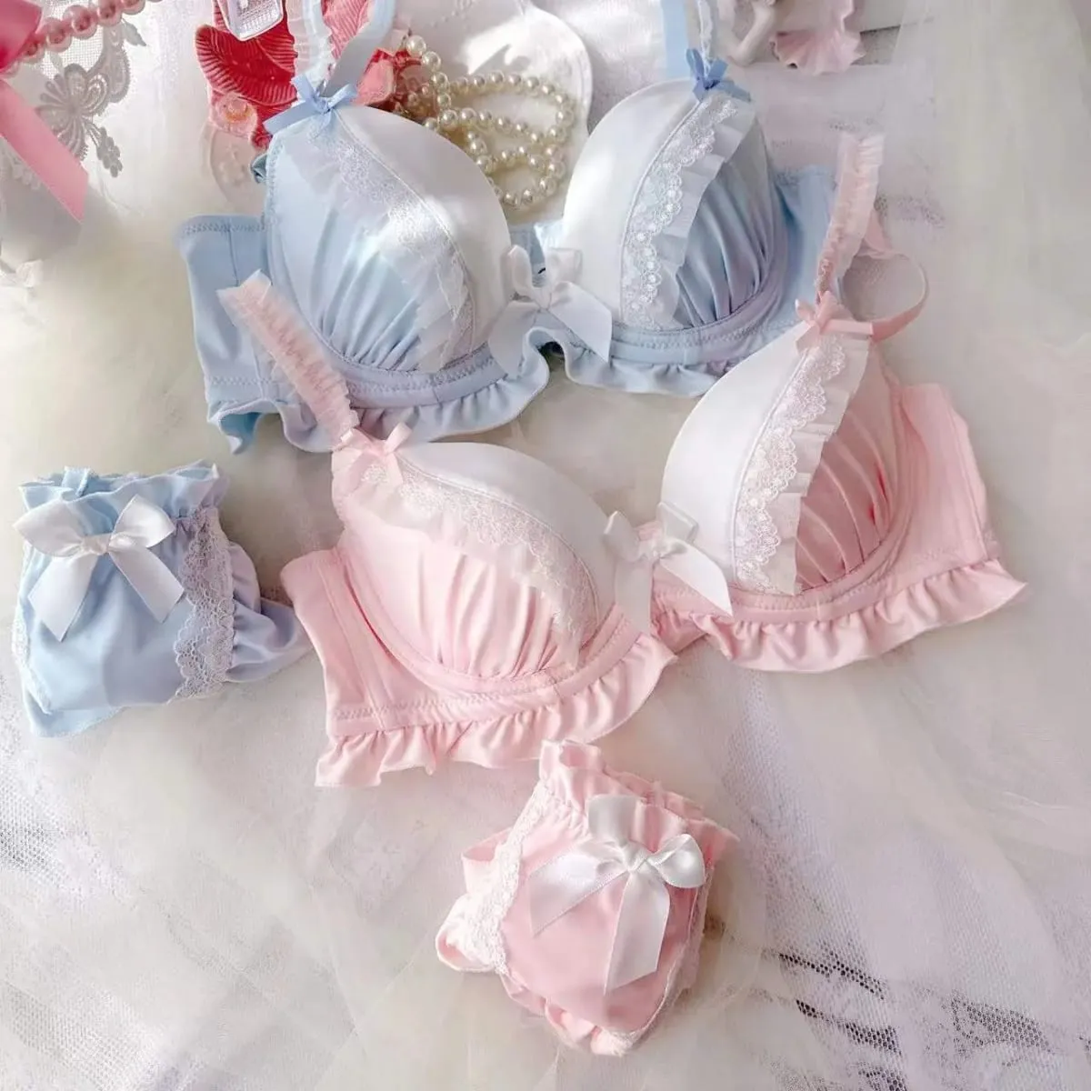 Soutien-gorge brodé push up pour femmes, bonnets fins, style collégial, pour étudiantes, filles, mignon, rassemblé, sous-vêtements sexy, ensemble de soutien-gorge