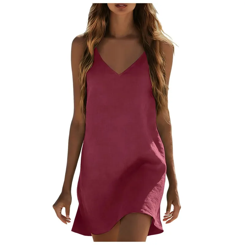 Cotton Linen Dresses For Women Summer Sleeveless V Neck Mini Dress Loose Fit Casual Beach Vacation платье летнее