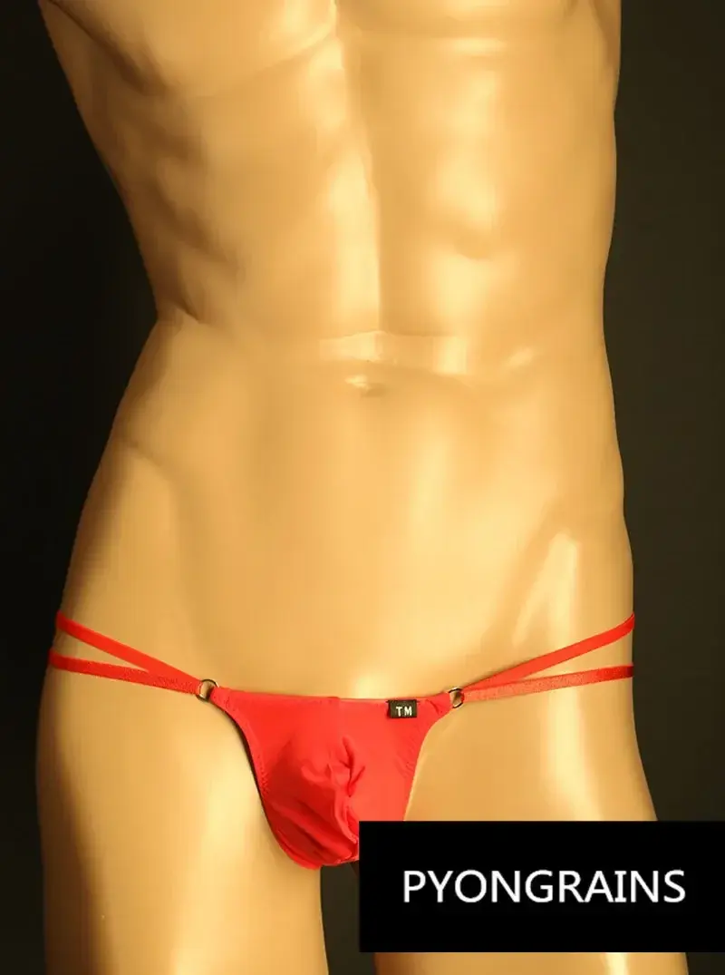 Men Adjustable Metal O-Ring Double Thin Strap Bikini Briefs Low Rise Silky Ice Silk 3D U Convex Pouch Sexy Male Underwear