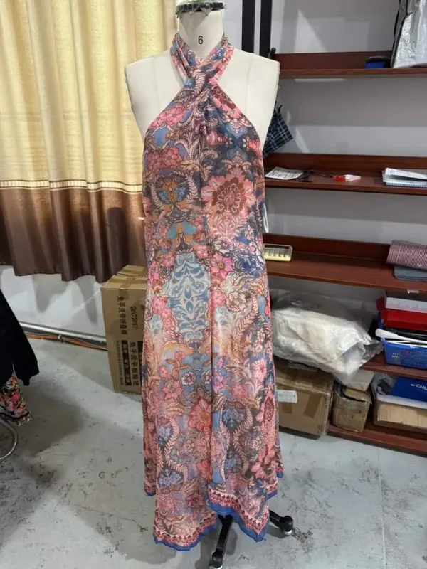 Floral impressão halter vestido feminino chique com decote em v sem mangas sem costas cintura-cinging maxi vestidos 2026 novo verão senhora férias roupões