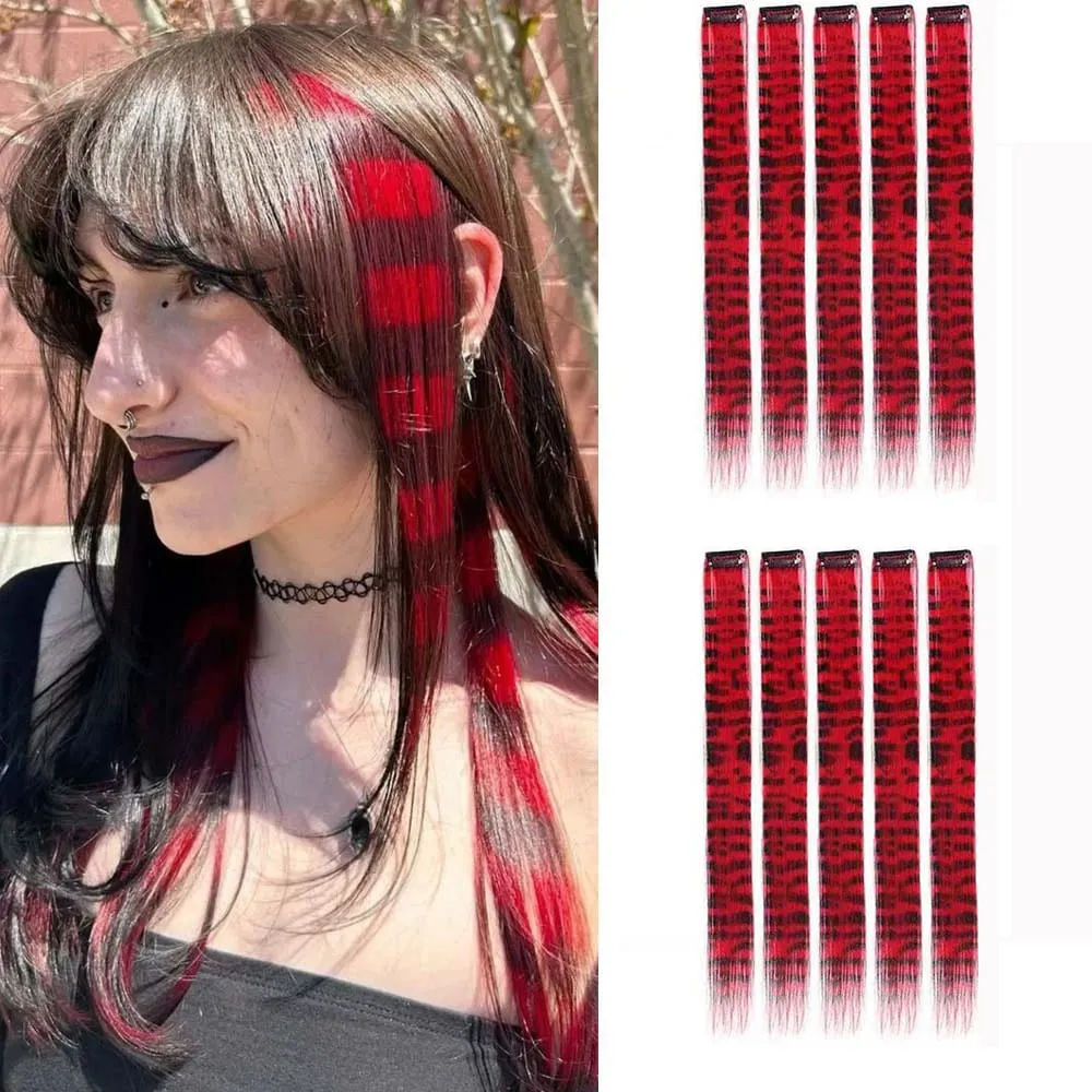 10pcs/set Stripe Printed Hair Colorful Long Straight Hair Pieces Synthetic Clip-in Hair Extensions for Daily Use Party Halloween