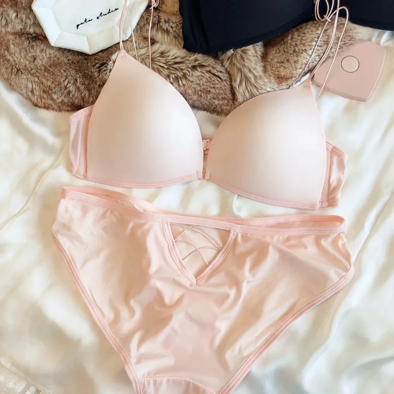 French Front Buckle Women Underwear Sexy Hollow Push Up Bra Set Summer Thin Cup Backless Bralette Fine Shoulder Strap Lingerie