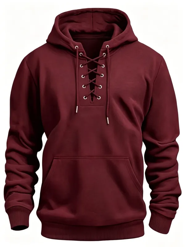 Autumn Fashion Mens Hooded Sweatshirts Lace-up Drawstring Long Sleeve Loose Hoodies Men Streetwear Vintage Solid Color Hoodies