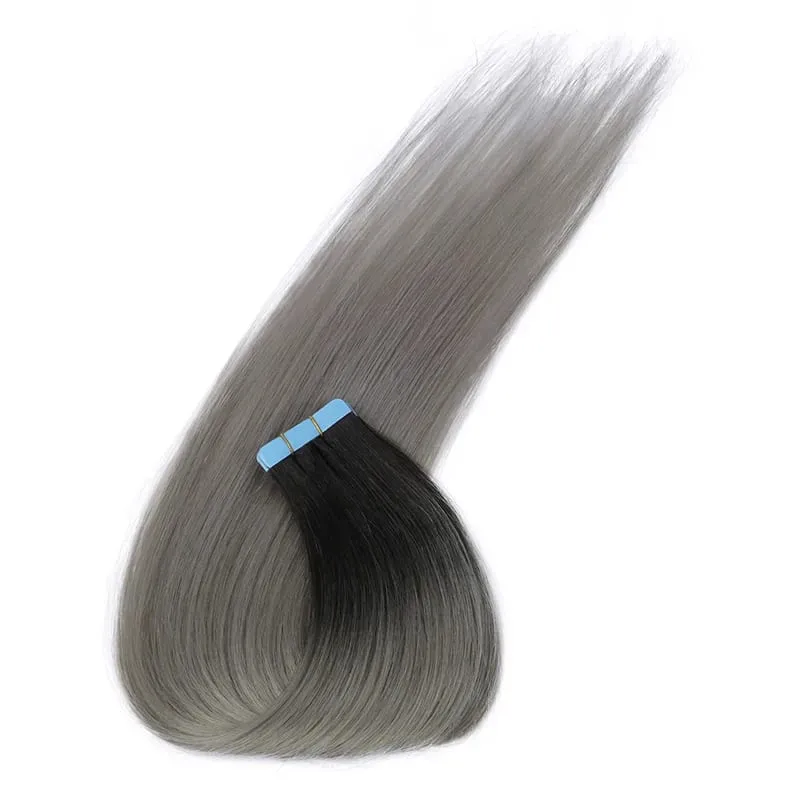 MRS HAIR Tape-In Hair Extensions 12-24 Inch 20pcs Natural Human Hair Real Extension T1B Gray Skin Weft Adhesive Tape Ins
