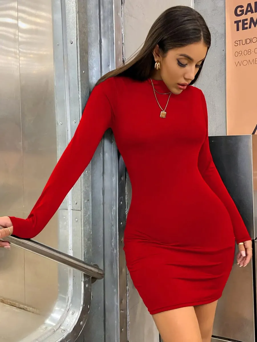 Dài Tay Ôm Bodycon Mini Nữ Cao Cổ Xếp Ly Đảng Vải Xếp Ngắn Câu Lạc Bộ Buổi Tối Bộ Trang Phục Màu Trơn