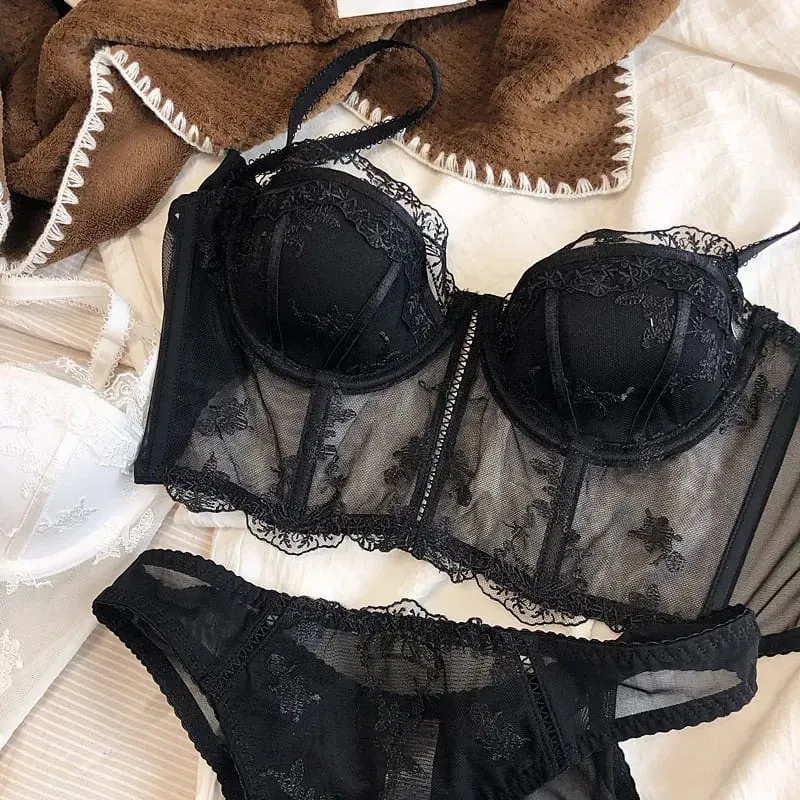 Retro Half Cup Embroidered Lace Bra & Panty Set Push Up Sexy Body Sculpting Lingerie