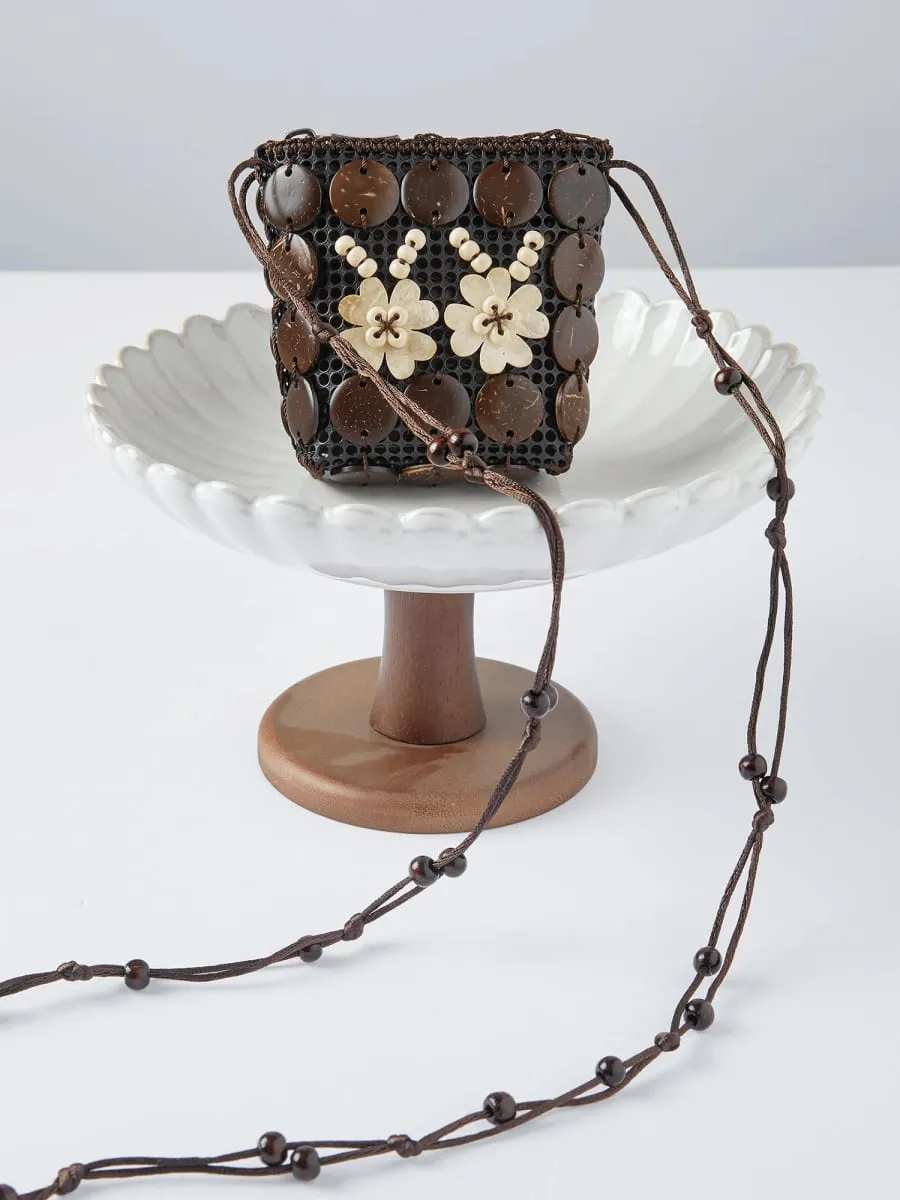 Mini sac à bandoulière en perles de bois tissées à la main pour femmes, Style rétro avec Accent perlé, pour les vacances et un usage quotidien, été 2026