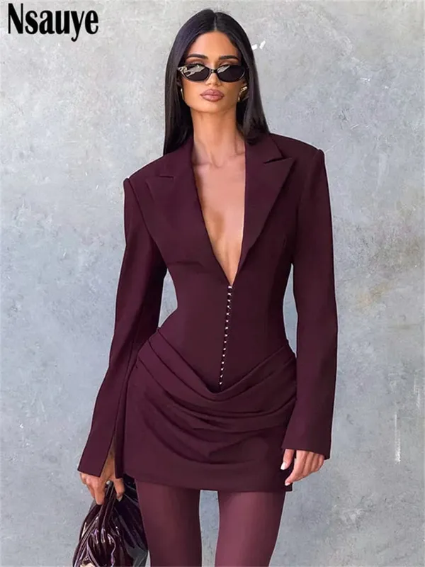 Nsauye Elegant Evening Short Dress Women Fall Long Sleeve Sexy Fashion Night Club Party White Mini Wrap Corset Dress 2025 Winter