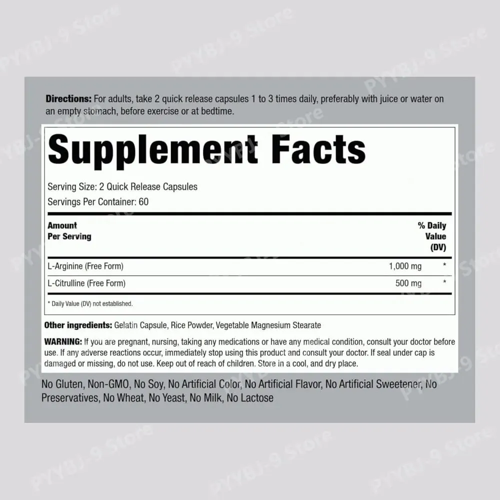 1500 Mg L‑Arginine & L‑Citrulline Per Serving Free Form Amino Acid Complex for Men & Women Non‑GMO Gluten Free 120 Capsules