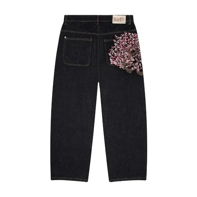 Y2K Baggy Jeans Cherry Blossom výšivka Džínové kalhoty Muži Ženy American Hiphop Streetwear Široká noha džínové kalhoty
