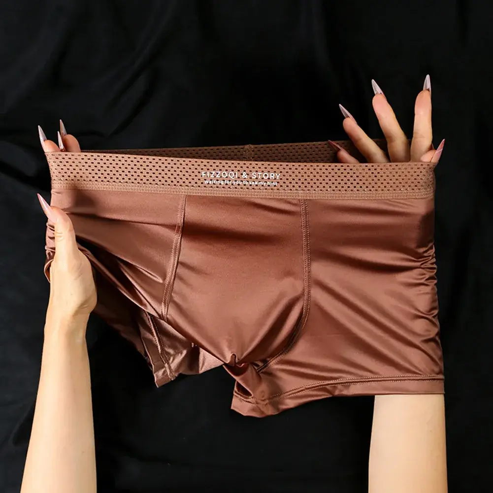 1pc Männer Satin-wie Eis Seide Boxer Glatte Höschen Aushöhlen Bund Unterhose Atmungs Einfarbig Unterwäsche Stamm