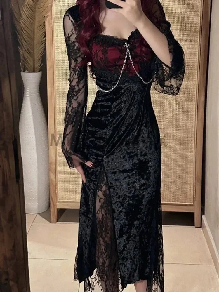 Zomer Gothic Grunge Y2k Kanten Jurk Vrouwen Donkere Academia Sexy Slanke Feestjurken Koreaanse Fashion Design Festival Lange Prom Jurk