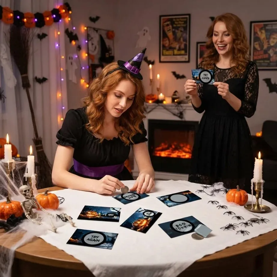 50pcs Halloween scratch-off cards—scratch to win and unlock prizes; perfect for Halloween-themed interactive activities.
