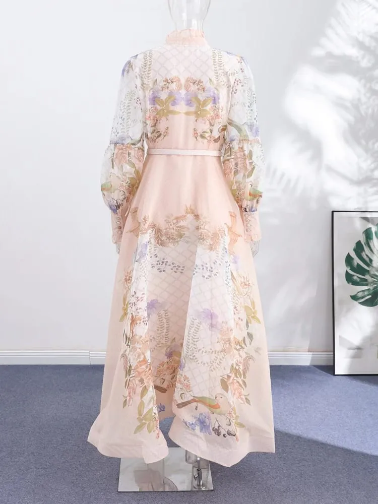 Lace Printed Women's Dress Elegant Half High Collar Loose Sleeve Single Breasted Belt Female Skirt 2026 Summer Lady Draped Robe