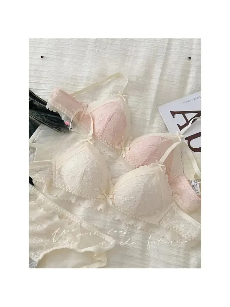 작은 가슴을위한 일본식 Bralette 무선 레이스 브래지어 세트 여성 섹시한 프랑스어 통기성 컴포트 속옷을 밀어