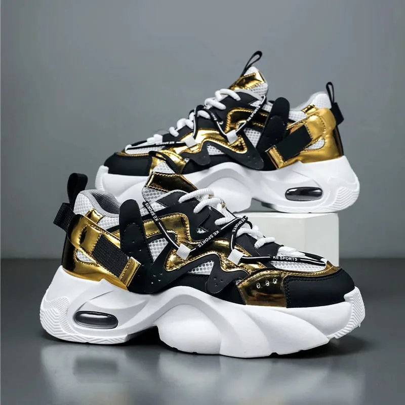Men's Casual Sneakers with Large Mesh Breathable Upper Metallic Texture and Contrasting Color Stitching and Trendy Webbing Accents. Thick Air-Cushioned Soles Provide Both Height Increase and Shock Absorption Making Them Suitable for Street