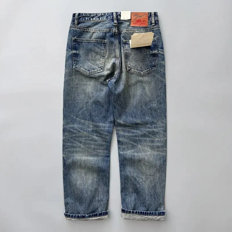 2026 Spring New Arrival Light Blue Straight-Leg Denim Jeans for Men American Retro Washed Blue Denim with Whisker Effect Pants