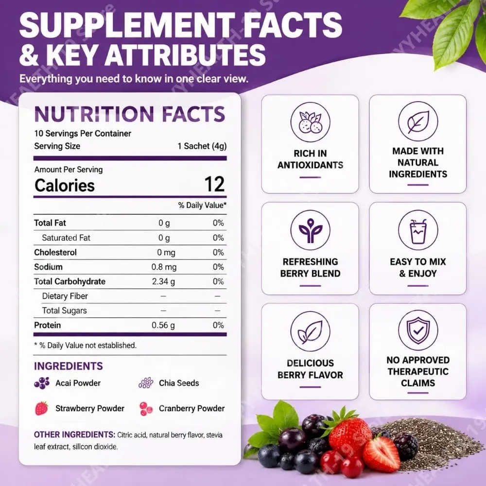 Acai Berry เครื่องดื่มผงเมล็ดเจียสตรอเบอร์รี่แครนเบอร์รี่สำหรับสารต้านอนุมูลอิสระ Daily Wellness & ระบบภูมิคุ้มกันสนับสนุนผู้ใหญ่ 40g
