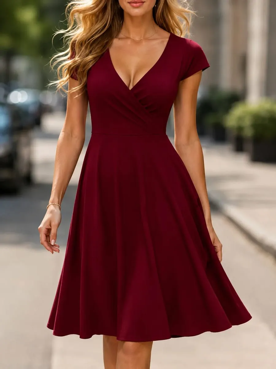 Abito da donna elegante girocollo estivo manica corta tinta unita linea A al ginocchio abito a vita alta spavaldo matrimonio festa partenza casual