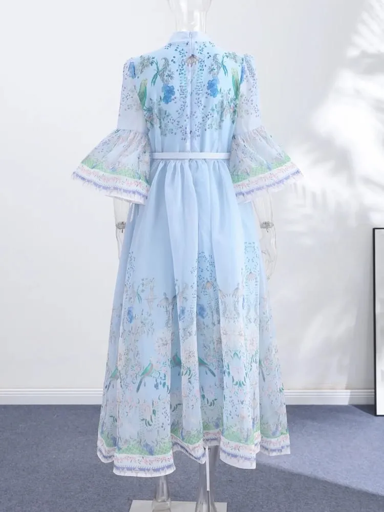 Elegant Printed Belted Maxi Dresses Women Slim Puff Sleeve Lace-up Stand Collar Dress 2026 New Ladies Summer Party Evening Grown