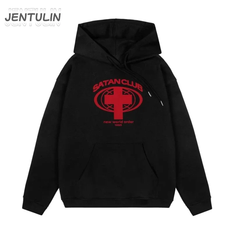 Harajuku Streetwear Oversized Ανδρικό πουλόβερ με κουκούλα Satan Club Φούτερ με κουκούλα γραφικών τύπων Φούτερ Hip Hop Αισθητικά μπλουζάκια Goth Y2k
