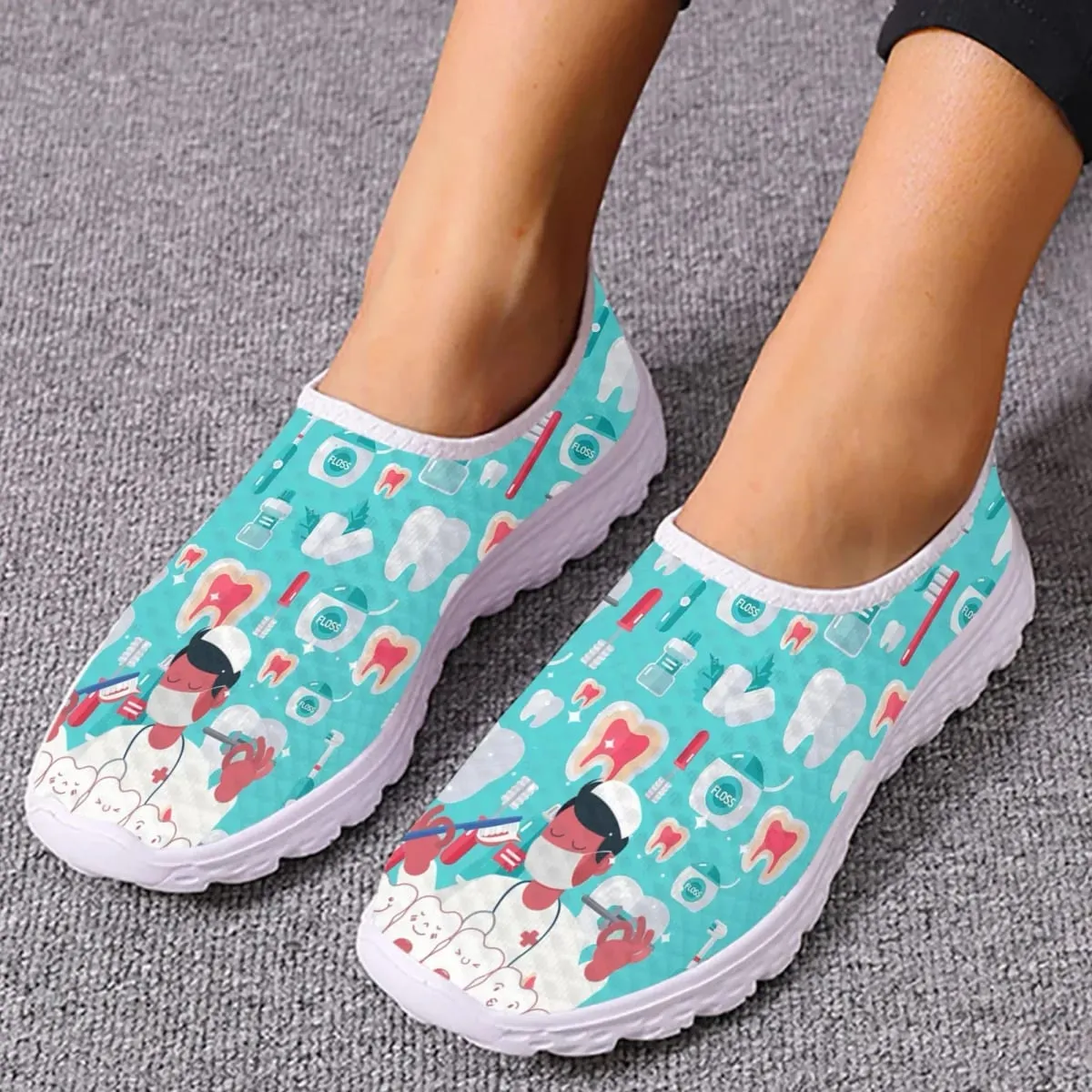 Dentist Shoes Women's Flats Cartoon Dental Nurse Print Breath Mesh Comfort Sneakers For Ladies Girls Summer Loafers