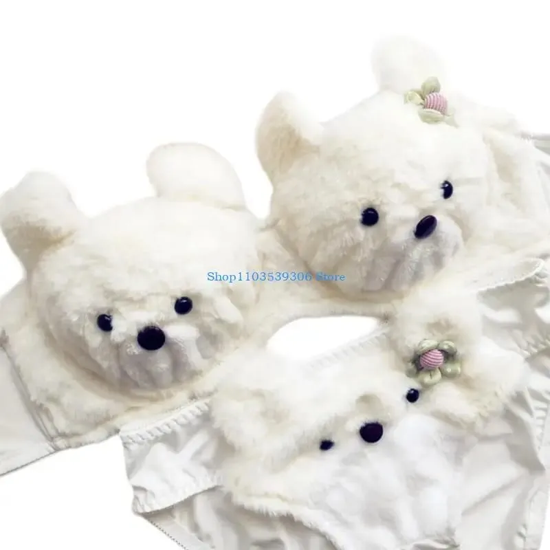 Conjunto de bragas y sujetador de felpa de dibujos animados para mujer, conjunto de bragas con sujetador de oso divertido, lencería encantadora, 400A
