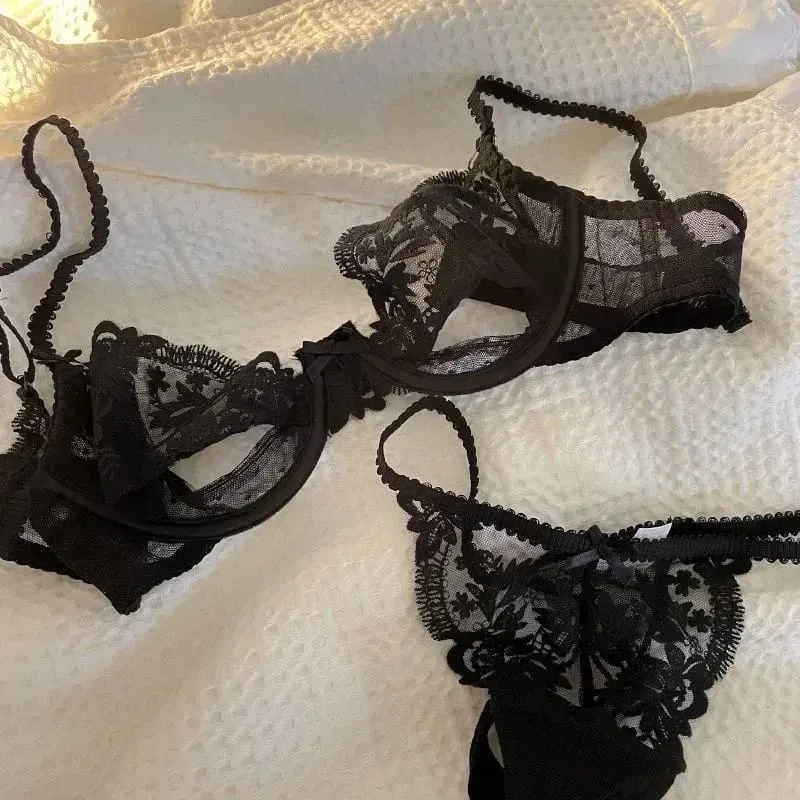 French Sexy Bra & Brief Set Lingerie Ultra-Thin See-Through Sexy Floral Lace Underwire Set Large Breasts Show Small Anti-Sag Bra