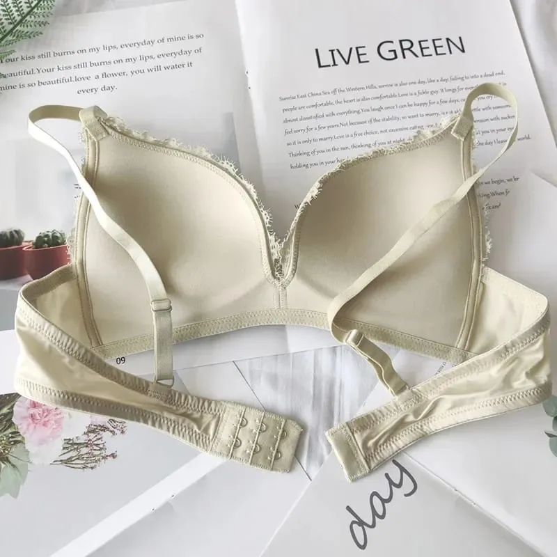 Solid Color Glossy Lingerie Set Triangle Cup Bra & Panty Set Comfortable Non-Steel Ring Push Up Underwear