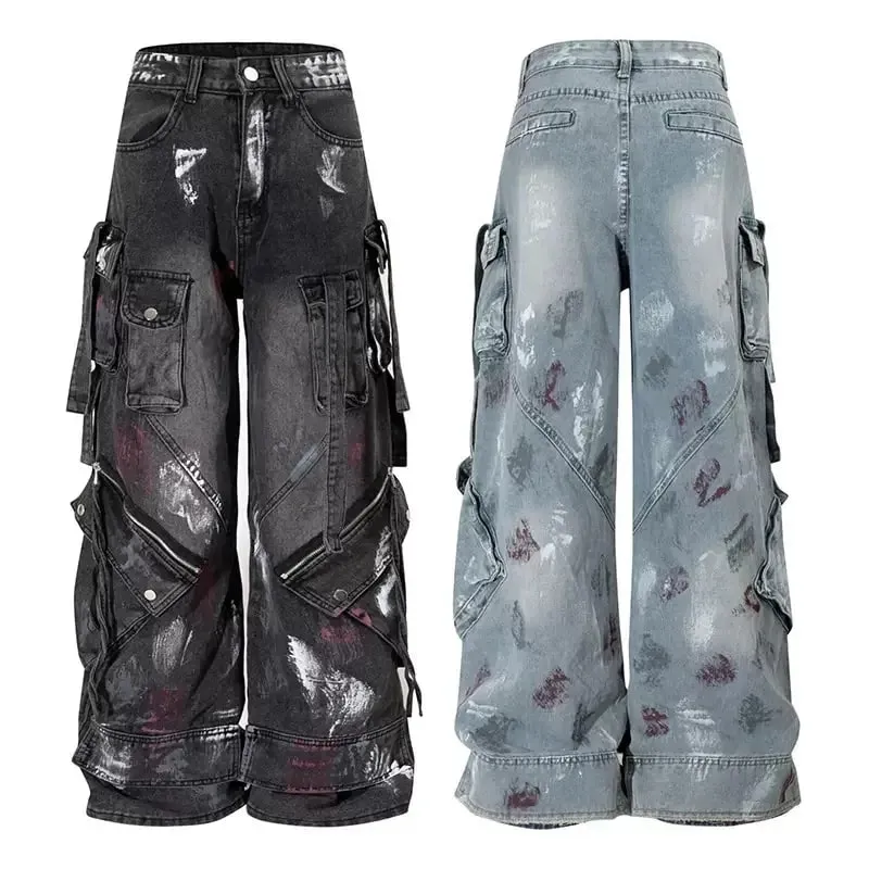 2000s Y2K heavy industry drag pants Gothic multi-pocket hip hop wide leg jeans washed black jeans men and women street pants