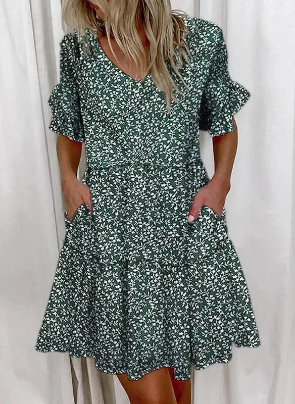 Frauen Sommer Kleid Casual V-ausschnitt Kurzarm Schmetterling Sleeve Floral Blatt Brief Drucken Mini Kleider Vestidos YSX9032