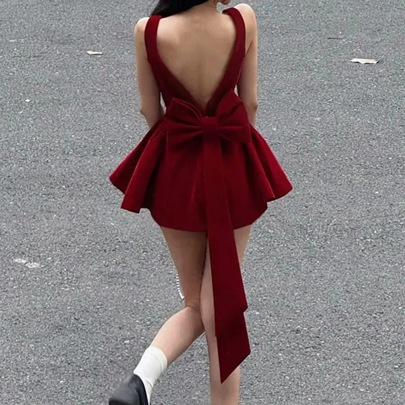 Moda vermelho bowknot mini vestido cintas gola quadrada sem mangas sem costas vintage bonito senhoras magro festa curto a-line vestidos