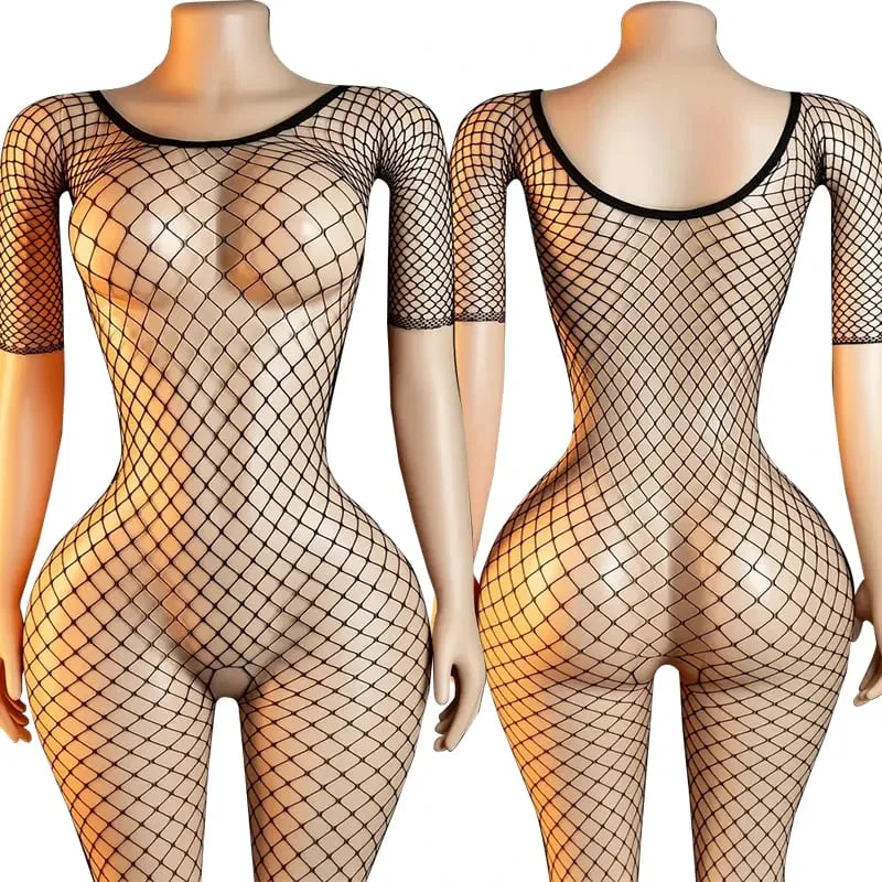 Black Fishnet Off-Shoulder Open-Crotch Bodystocking Lingerie Set Sexy Crotchless Teddy Bra Women's Erotic Underwear