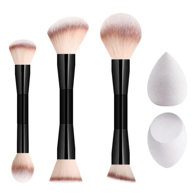 5Pcs Makeup Tool Set 3 Double Ended Brushes 2 Beauty Sponges For Foundation Blush Contour Face Cosmetic Kit