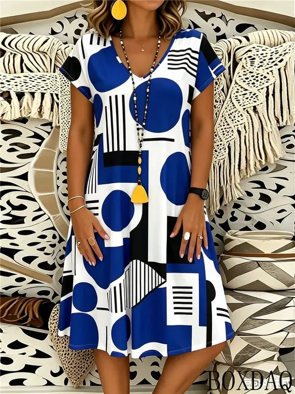 2026 Summer Fashion Geometric Pattern Printed Women's Dress Short Sleeve V-neck Casual Dresses